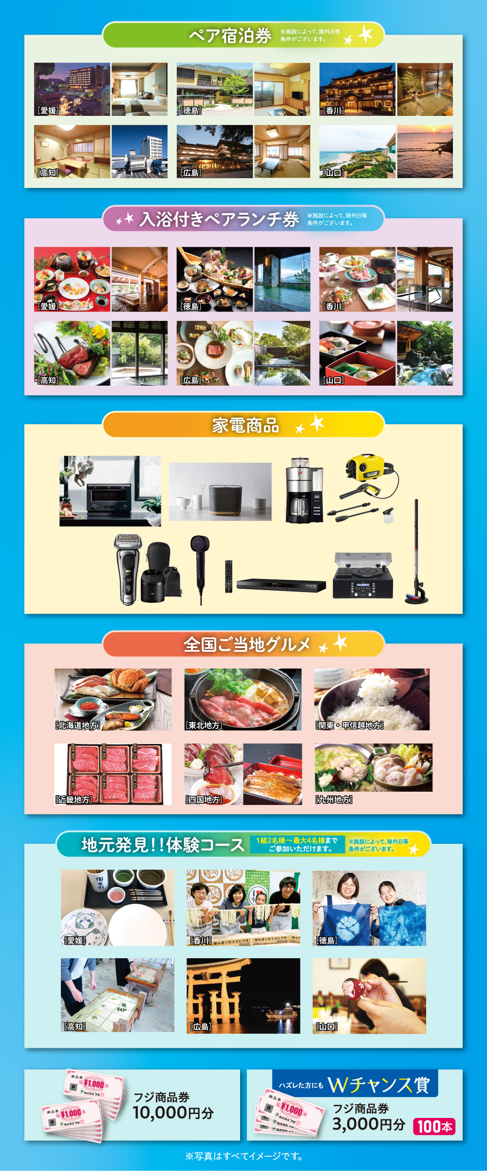 フジ、フジグラン各店及び専門店にて合計3,000円（税込）以上のお買上げレシートで応募しよう！！（エフ・マルシェ各店、ザ・カジュアル池田点、ラクア緑井も含む）