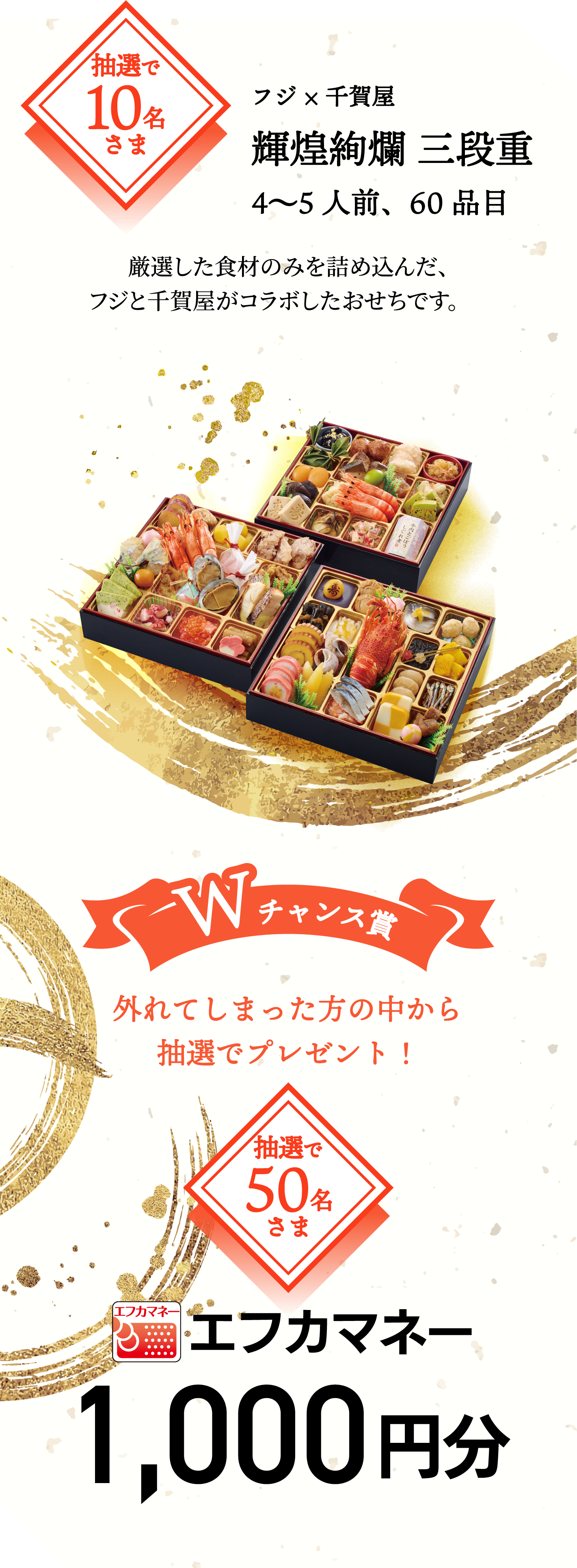 フジ×千賀屋 輝煌絢爛　三段重 抽選で10名さま・Wチャンス賞 抽選で50名さま