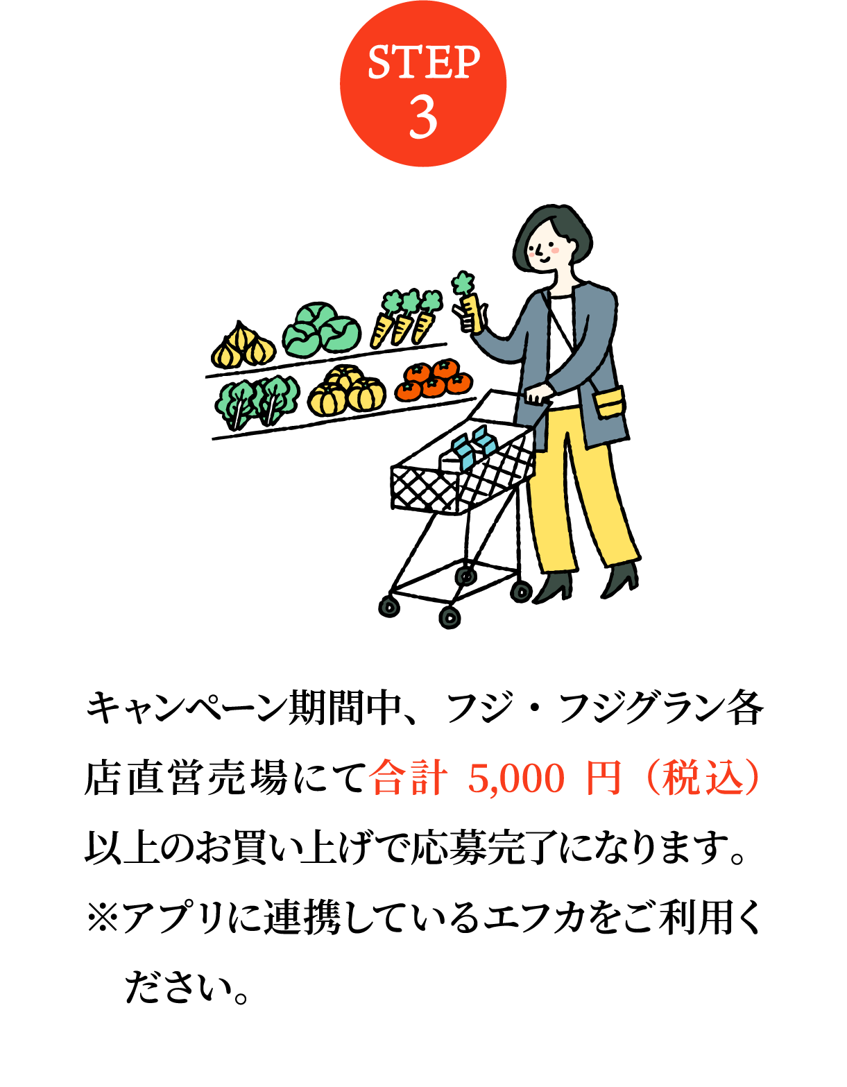 キャンペーン期間中、フジ・フジグラン各店直営売場にて合計5,000円（税込）以上のお買い上げで応募完了になります。
					※アプリに連携しているエフカをご利用ください。